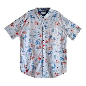 RETROFIT Men 2X XXL Shirt Button Up Hawaiian White Blue Red Short Sleeve Cotton